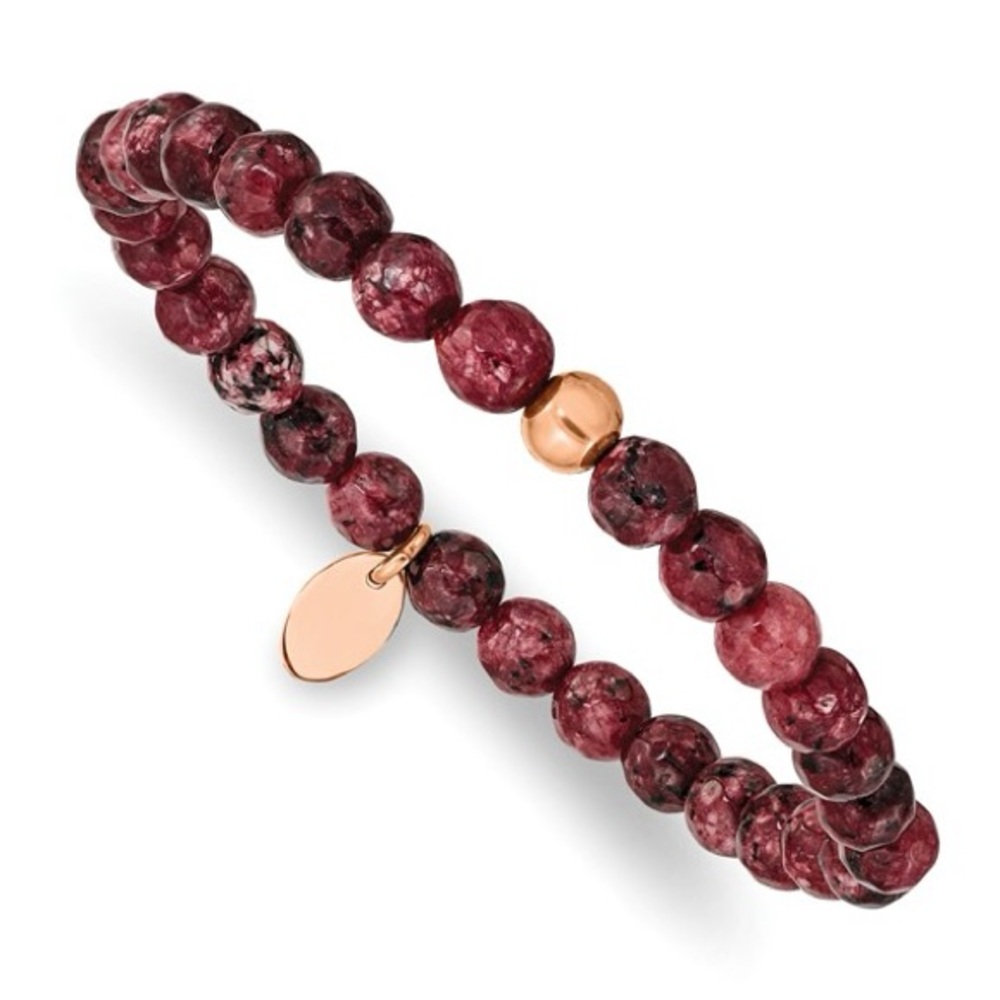 Chisel Stainless Steel Rose IP-plated 6mm Red Jade Beaded Stretch Bracelet